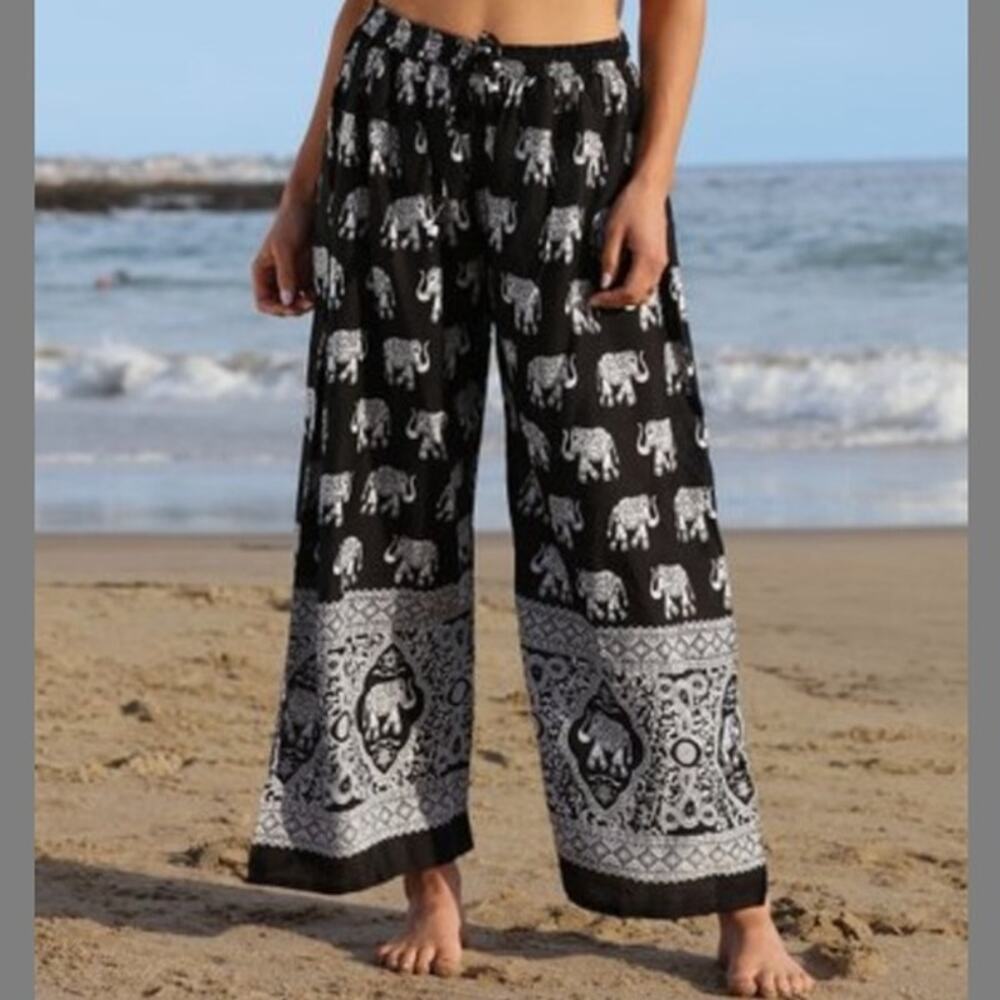 S.R. Fashion Palazzo Pants Elephant Print Pull on Free / One Size Rayon